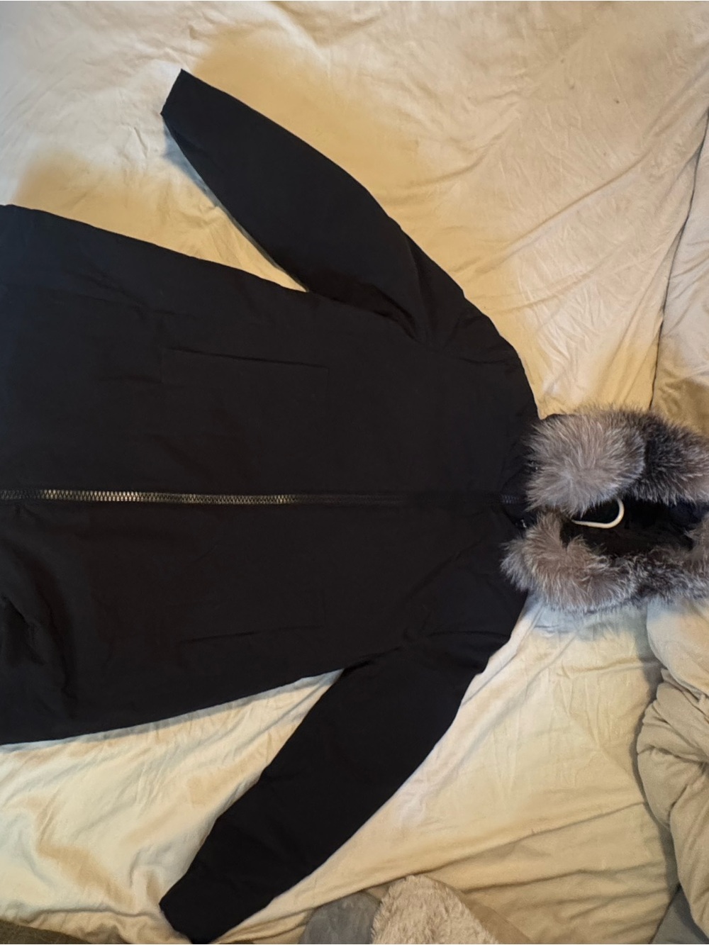 Moncler Black Long Puffer Coat with Fur-Trim Hood